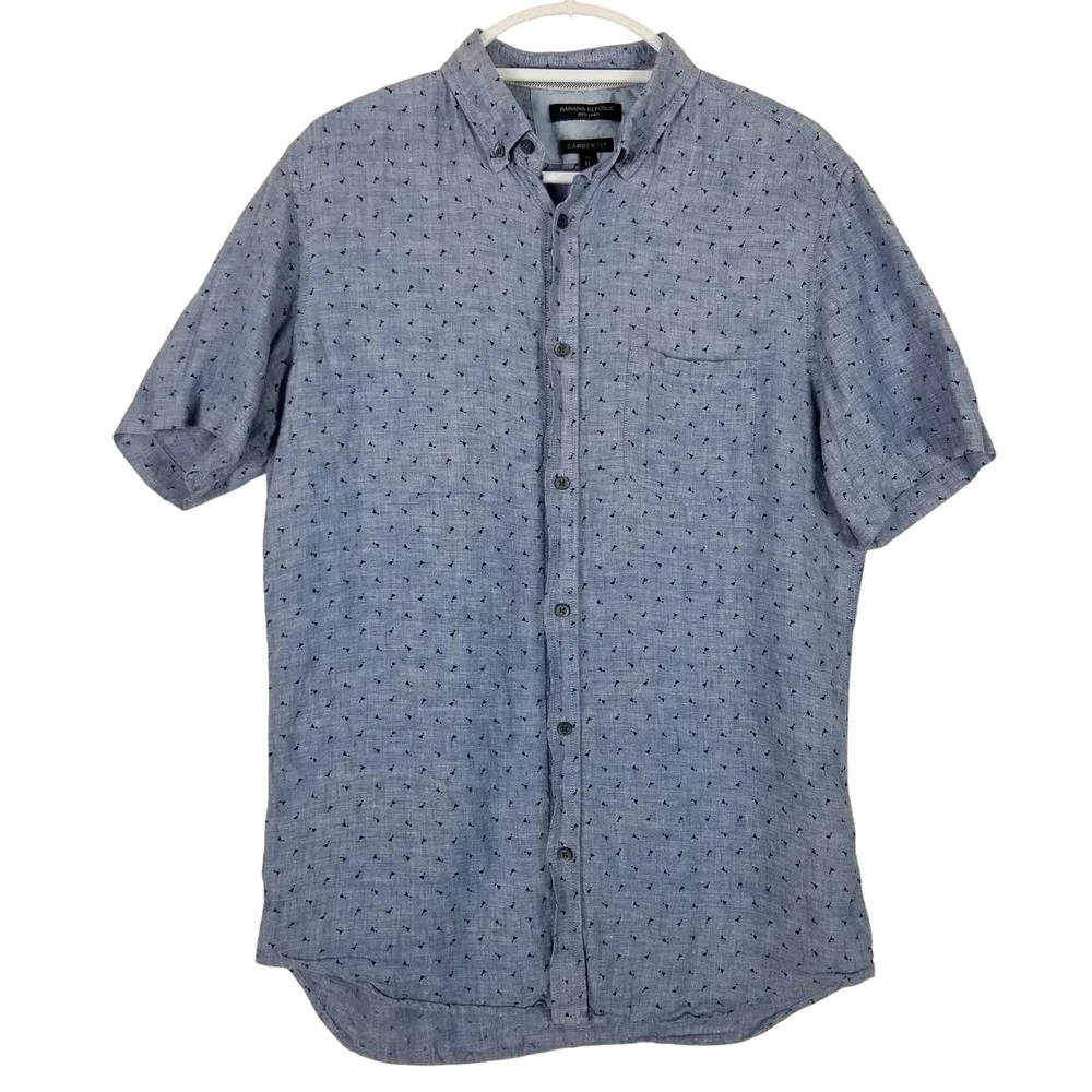 Banana Republic Button Front Shirt Mens Medium Tall Blue Linen Camden Fit Print